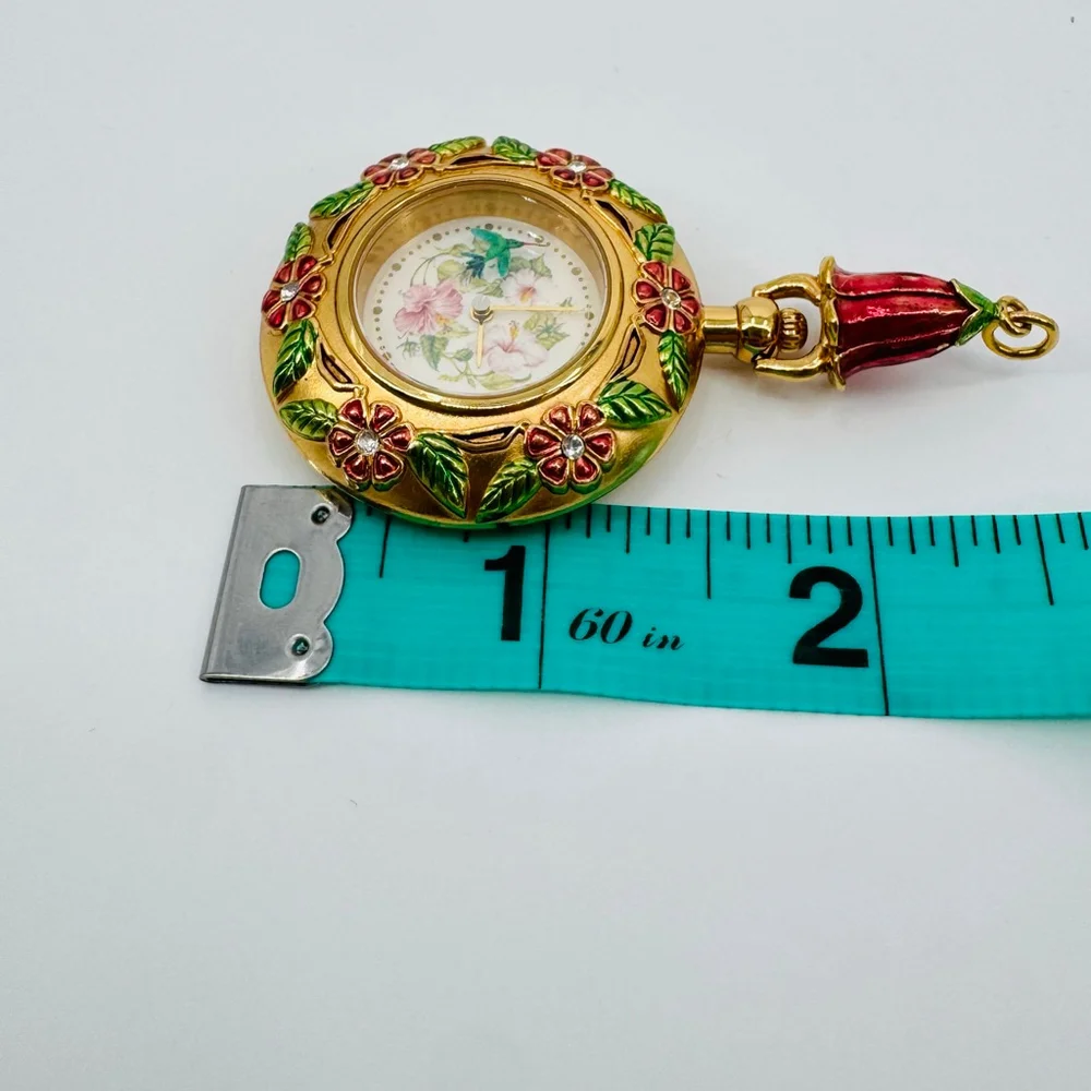 The Franklin Mint Gold & Pink Floral Pendant Hummingbird Watch